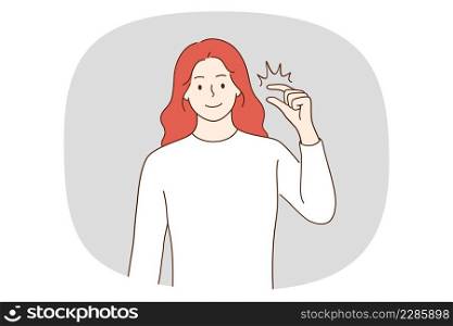Portrait of smiling young woman show small measurement with hands. Happy girl demonstrate little size or amount make gesture. Nonverbal communication. Vector illustration. . Smiling woman show small measurement with hand gesture 