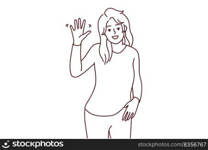 Portrait of smiling young woman wave with hand feeling overjoyed and optimistic. Happy female make hand gesture greeting or welcoming. Vector illustration.. Smiling woman waving saying hello