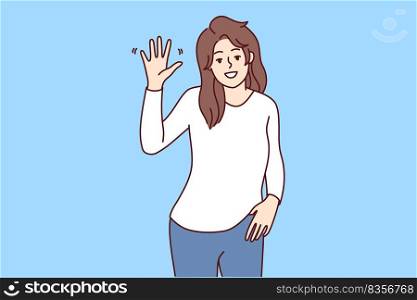 Portrait of smiling young woman wave with hand feeling overjoyed and optimistic. Happy female make hand gesture greeting or welcoming. Vector illustration.. Smiling woman waving saying hello