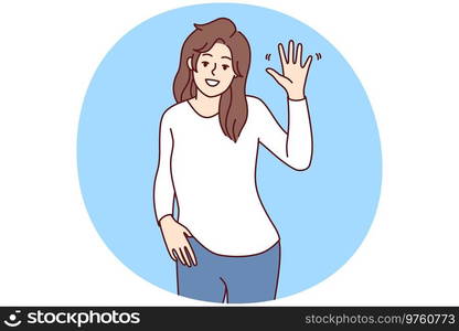 Portrait of smiling young woman wave with hand feeling overjoyed and optimistic. Happy female make hand gesture greeting or welcoming. Vector illustration.. Smiling woman waving saying hello