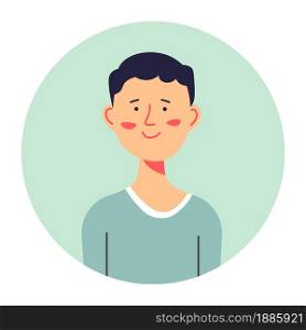Portrait of teen pupil, isolated circle icon of male character with smile on face. Classmate or schoolboy in sweater, profile or avatar for media. Positive teenager, smart boy vector in flat style. Schoolboy portrait, young male character, teen student vector