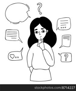 Portrait of thinking person. Thoughtful cute girl with text bubbles, messages and thoughts. Vector illustration. linear hand drawn doodle. Concept of online communication and modern woman