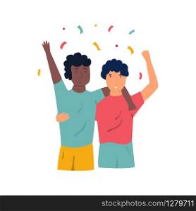 Portrait of two excited happy football players celebrating victory.. Happy football players celebrating victory. Flat vector