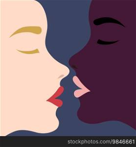 Portrait of two kissing women. Lesbian couple kissing. Vector illustration
