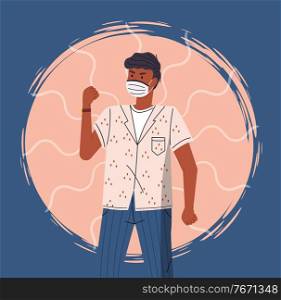 Portrait of vector cartoon black man in face medical mask call to fight with virus at colorful vector elements background. Concept of world epidemic. Young man protect from virus with respiratory mask. Young guy in face medical mask call to fight with virus, cartoon character, world epidemic