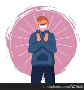 Portrait of vector cartoon character in face medical mask show stop gesture at colorful vector element background. Concept of stop world epidemic. Young man protect from virus with respiratory mask. Portrait of vector cartoon character in face medical mask show stop gesture to world pandemic