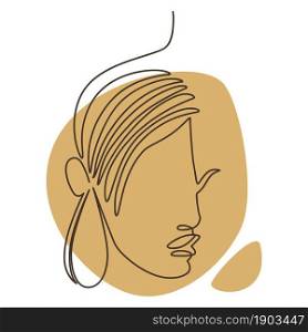 Portrait of woman drawn in continuous line art, isolated face if fashionable female character. Trendy print or logo, minimalist and simple depiction. Beauty salon logotype. Vector in flat style. Female portrait in in continuous line art vector
