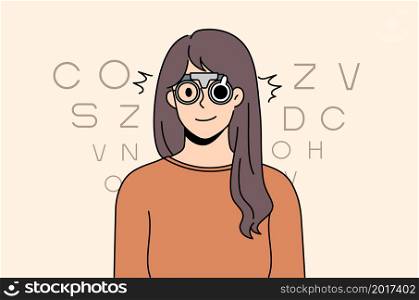 Portrait of woman in glasses check eyesight at optician cabinet in hospital. Female patient have examination or testing do sight correction buy spectacles from optics salon. Flat vector illustration.. Woman in optical glasses check sight in clinic