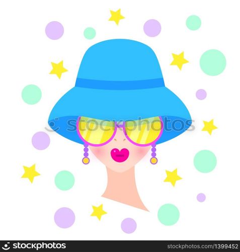 Portrait of woman in hat and eyeglasses on white background. Design for t-shirt.Vector illustration