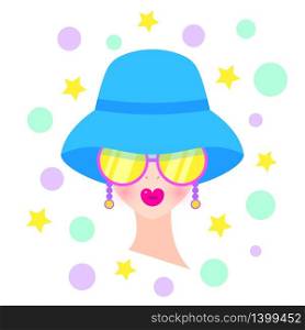 Portrait of woman in hat and eyeglasses on white background. Design for t-shirt.Vector illustration