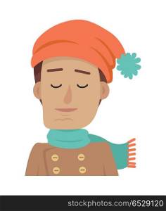 Portrait of Young Boy in Orange Hat and Blue Scarf. Cartoon portrait of young calm boy on white background. Man with brown hair in orange hat with blue pompom and blue scarf. Guy in cold weather. Handsome boy with closed eyes. Vector illustration.