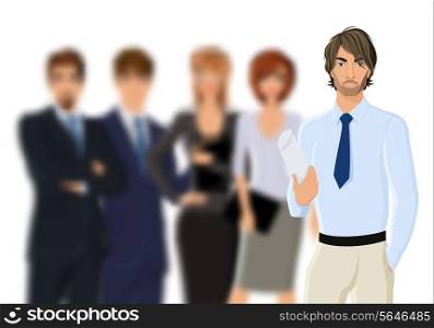 Portrait of young businessman in suit with blured business team vector illustration