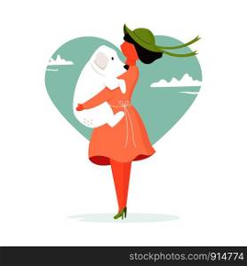 Portrait of young couple in love. Hugging people. Colorful flat vector illustration. Young girl holding her dog. Vector illustration