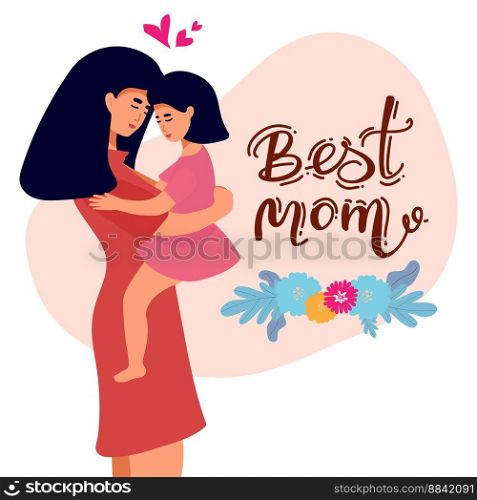 Portrait of young daughter trying to give her mother a big hug. Illustrated in flat design on pink background. Concept of motherhood or love toward mothers. Portrait of young daughter trying to give her mother a big hug. Illustrated in flat design on pink background. Concept of motherhood or love toward mothers.