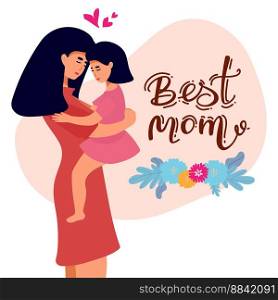 Portrait of young daughter trying to give her mother a big hug. Illustrated in flat design on pink background. Concept of motherhood or love toward mothers. Portrait of young daughter trying to give her mother a big hug. Illustrated in flat design on pink background. Concept of motherhood or love toward mothers.