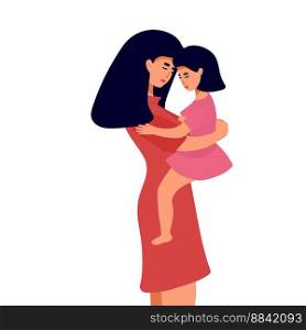Portrait of young daughter trying to give her mother a big hug. Illustrated in flat design on pink background. Concept of motherhood or love toward mothers.. Portrait of young daughter trying to give her mother a big hug. Illustrated in flat design on pink background. Concept of motherhood or love toward mothers