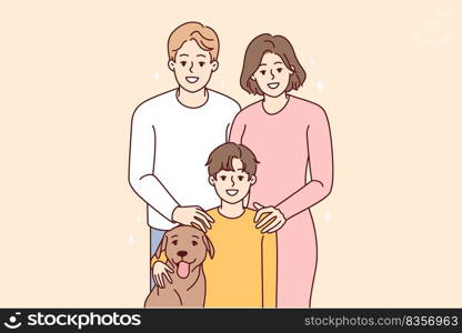 Portrait of young family with child and dog. Smiling parents with kid and pet posing together. Vector illustration. . Portrait of family with child and dog