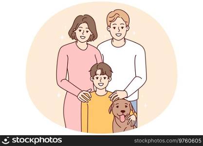 Portrait of young family with child and dog. Smiling parents with kid and pet posing together. Vector illustration.. Portrait of family with child and dog