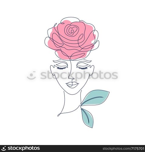 Portrait of young girl on white background.One line drawing style.Design for t-shirt.