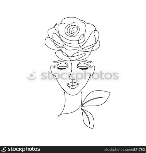 Portrait of young girl on white background.One line drawing style.Tattoo idea.