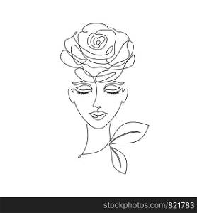 Portrait of young girl on white background.One line drawing style.Tattoo idea.