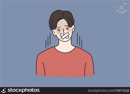 Portrait of young man with scotch tape on mouth prohibited to talk speak. Businessman with sealed lips with plasters. Boycott, censorship, speech freedom. Flat vector illustration, cartoon character. . Young man with sealed mouth banned to speak