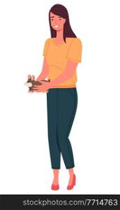Portrait of young smiling woman with cute hamster in hands. Cheerful girl carries her little pet. Cartoon female character holding brown cavy flat vector design. Mistress with domestic animal rodent. Portrait of young smiling woman with cute hamster in hands. Cheerful girl carries her little pet