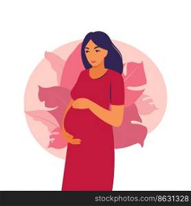 Portrait pregnant woman in dress on plant background. Health, care, pregnancy. Vector illustration. Flat