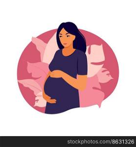 Portrait pregnant woman in dress on white background. Health, care, pregnancy. Vector illustration. Flat