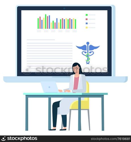 Portrait view of female doctor working with laptop, physician character wearing glasses and medical gown, monitor with report, clinic workplace vector. Doctor Female Working with Laptop, Document Vector