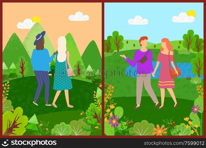 Portrait view of man and woman walking in park, friends going near flowers and mountains, landscape view, lake and trees, people leisure, nature vector. Man and Woman in Park, Friends Walking Vector