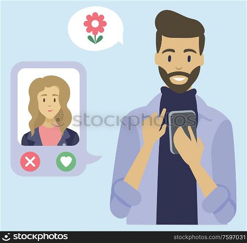 Portrait view of man using dating app in smartphone, modern online communication with wireless device, male and female, social network, phone vector. People Communication with Phone, Dating Vector