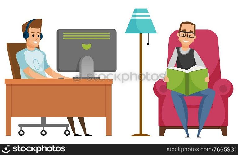 Portrait view of men reading literature and using computer, smiling males wearing headset and glasses, people relaxing, leisure indoor, book and pc vector. People Reading Book and Using Pc, Hobby Vector