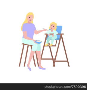 Portrait view of mother feeding with spoon daughter sitting on high chair, parent and kid vector. Motherhood concept, mom gives food to girl isolated. Mother Feeding by Spoon Daughter Sitting on Chair