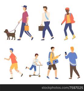 Portrait view of people outdoor in casual clothes, full length view of men holding phone or skateboard, running man, driving person, activity vector. Men Going Outdoor, Activity of Character Vector