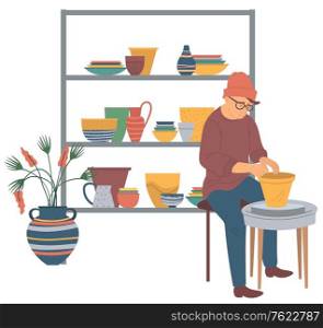 Portrait view of sitting potter making form of bowl. Person molding clay pot. shelf with handmade crockeries and plant, man indoor, craft hobby vector. Hobby Craft, Mold Pot, Handmade Crockery Vector