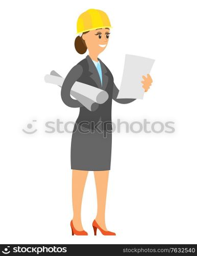 Portrait view of smiling contractor wearing suit and helmet, manager holding papers, engineering projects, construction element, woman worker. Vector illustration in flat cartoon style. Contractor Woman Holding Papers, Building Vector