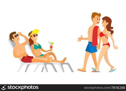 Portrait view of sunbathing people on chaise lounge, couple going together, man and woman wearing swimsuit and sunglasses, leisure or vacation vector. Couple in Swimsuit, Sunbathing Leisure Vector