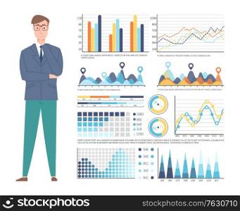 Portrait view of thinking worker character, set of chart report, infochart on white. Businessman analysis growth graph and columns with numbers statistic. Vector illustration in flat cartoon style. Graphs With Growth Columns and Numbers Vector