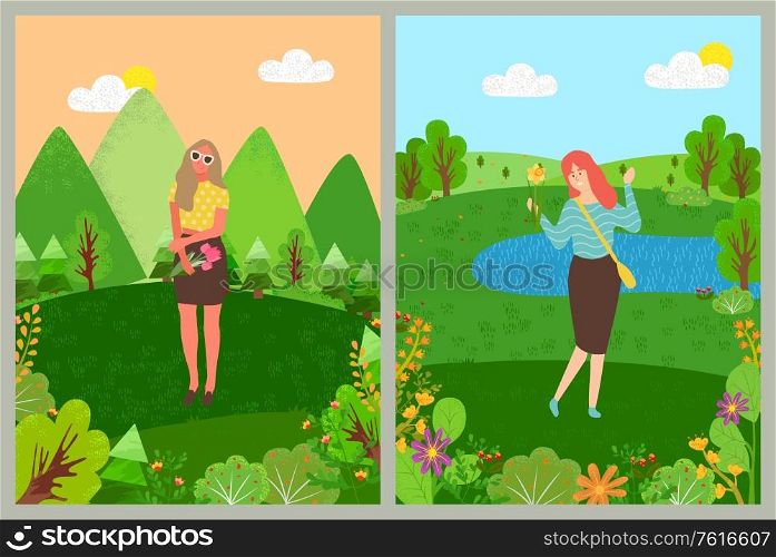 Portrait view of woman holding flower in park, smiling female character with blossom, green nature, trees and lake, womens day, holiday postcard vector. Womens Day, Female with Flower in Park Vector