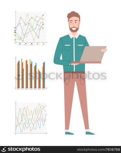 Portrait view of worker character holding laptop, man presenting graph report, charts with rising arrows, colorful chequered schematic, statistic vector. Man with Laptop Presenting Chart, Report Vector