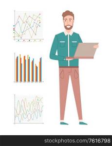 Portrait view of worker character holding laptop, man presenting graph report, charts with rising arrows, colorful chequered schematic, statistic vector. Man with Laptop Presenting Chart, Report Vector