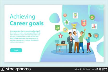 Portrait view of workers in casual clothes, man holding award, win of workteam, work place with table and laptop. Webpage achieving career goals vector. Career goals Web, Win of Work Team, Award Vector