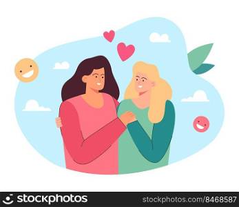 Portrait with hearts of happy lesbian couple on dating. Female homosexual characters hugging on date, two women standing together flat vector illustration. Love, intimacy, LGBT relationship concept. Portrait with hearts of happy lesbian couple on dating