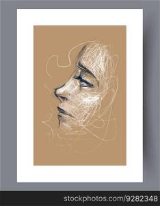 Portrait woman elegance face wall art print. Printable minimal abstract woman poster. Contemporary decorative background with face. Wall artwork for interior design.. Portrait woman elegance face wall art print