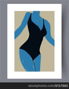 Portrait woman faceless swimsuit wall art print. Printable minimal abstract woman poster. Contemporary decorative background with swimsuit. Wall artwork for interior design.. Portrait woman faceless swimsuit wall art print