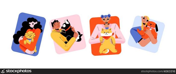 Portraits of owners with pets. People hold and hug dogs and cats. Vector flat illustration of happy women and man characters with domestic animals. Set of pet owners avatars. Portraits of owners with pets, dogs and cats