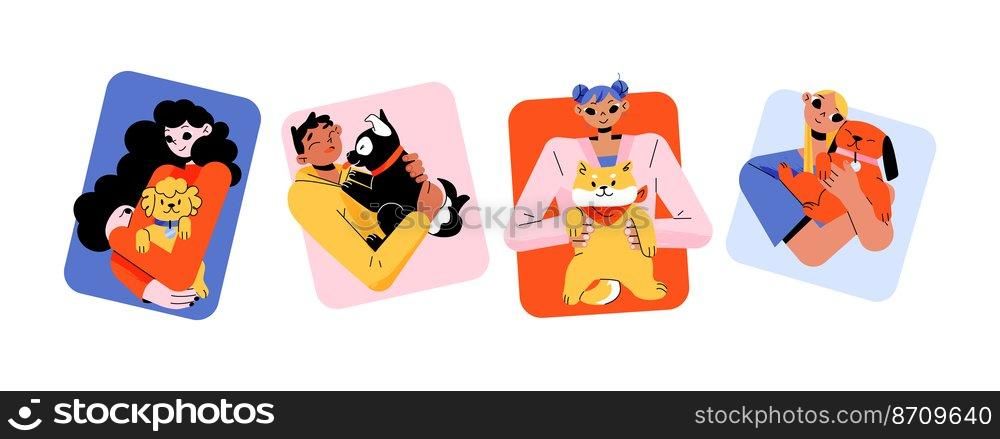 Portraits of owners with pets. People hold and hug dogs and cats. Vector flat illustration of happy women and man characters with domestic animals. Set of pet owners avatars. Portraits of owners with pets, dogs and cats