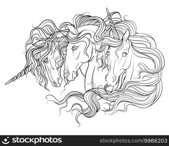 Portraits of three unicorns with a long manes. Vector black and white contour illustration for coloring page. For the design of prints, posters, postcards, stickers, tattoo, t-shirt design, logo, sign. Unicorns portraitss vector illustration coloring book page