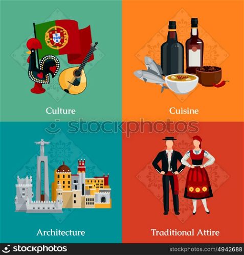 Portugal 2x2 Flat Icons Set. Bright 2x2 flat icons set with traditional portugal attire cuisine culture and architecture on colorful background isolated vector illustration